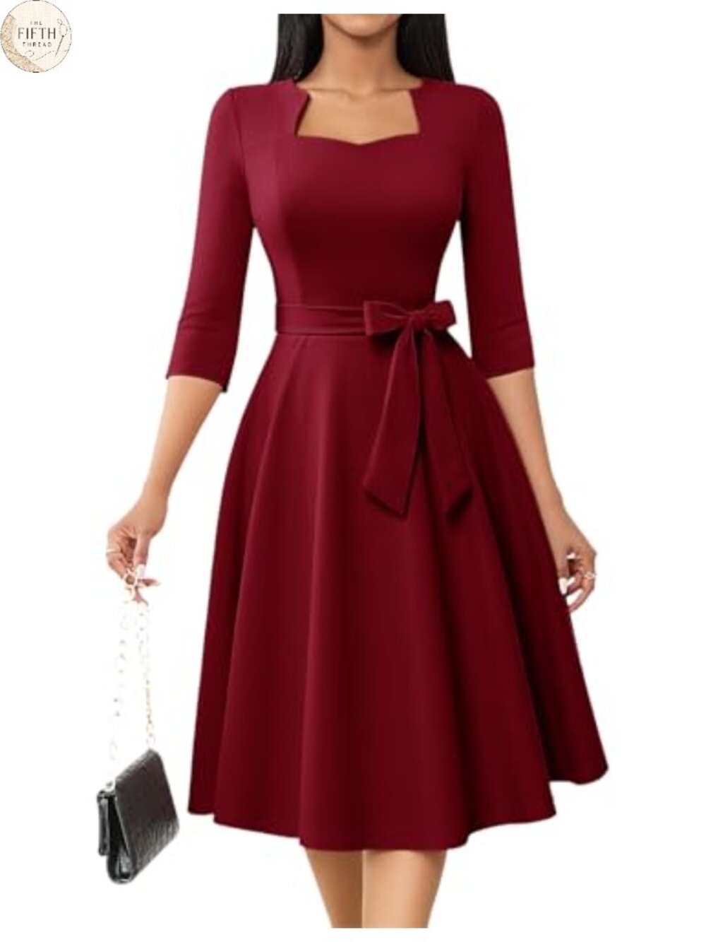 Elegant Cocktail Midi Dress 3/4 Sleeve A-Line Square Neck Bow Belt